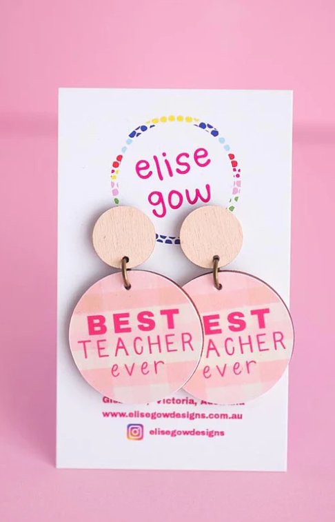 Handmade Earrings - Best Teacher Ever - Pink Hearts - Three2Tango Tee's