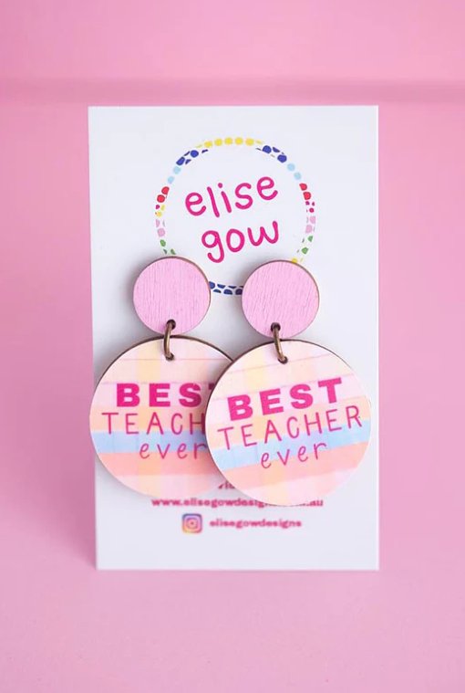 Handmade Earrings - Best Teacher Ever - Pink Hearts - Three2Tango Tee's