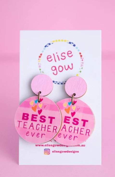 Handmade Earrings - Best Teacher Ever - Pink Hearts - Three2Tango Tee's