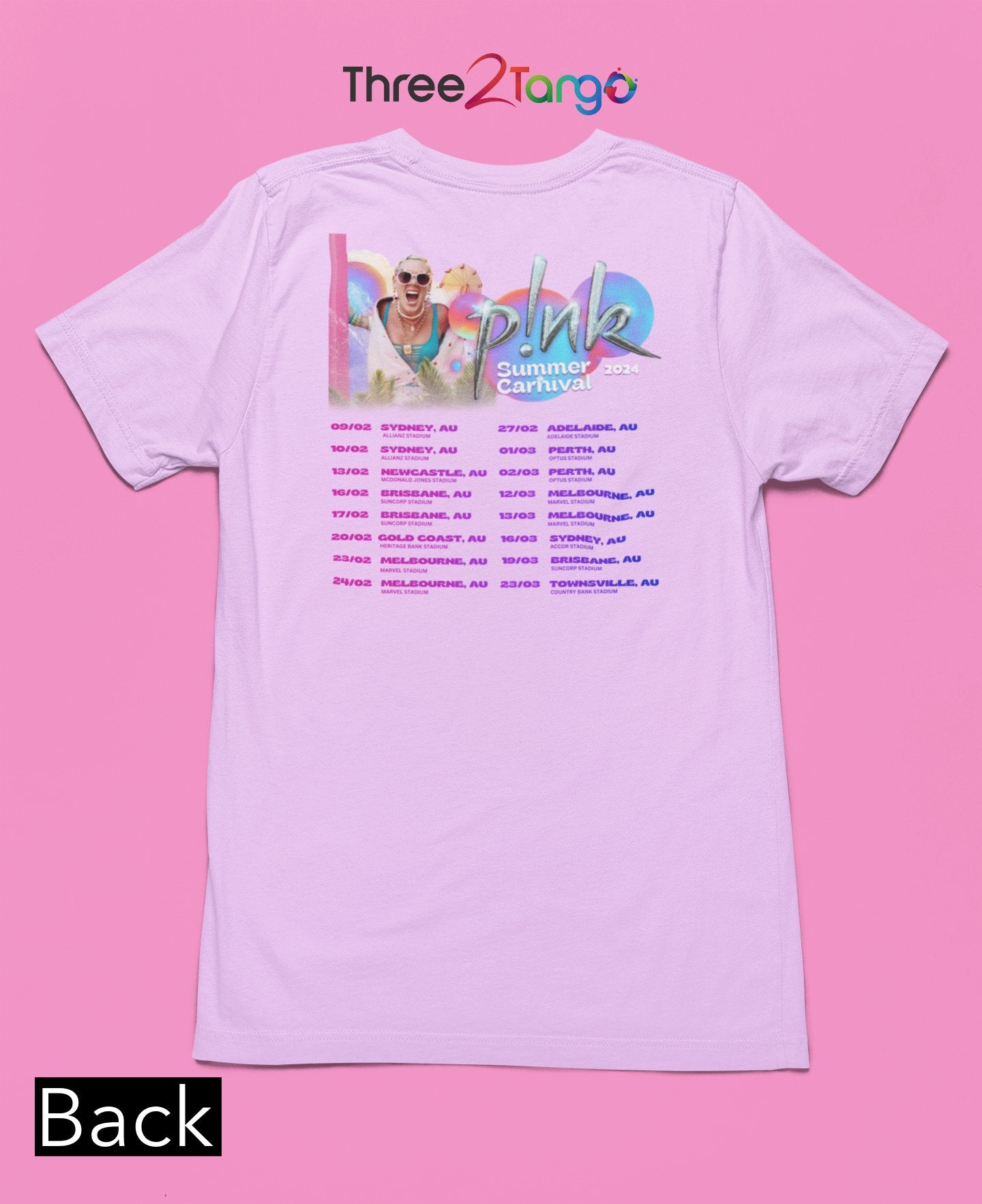 Pink Concert T-shirt - Summer Carnival 2024 Australia - Pink in the City - Three2Tango Tee's