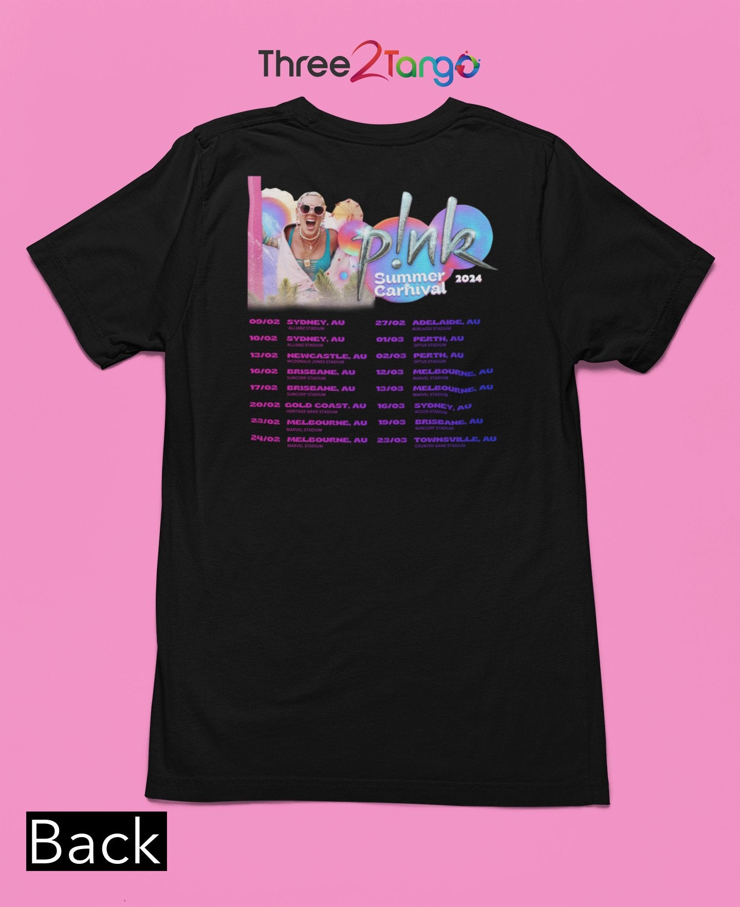 Pink Concert T-shirt - Summer Carnival 2024 Australia - Retro Pink - Three2Tango Tee's